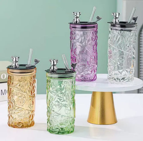 Glass Coffee Cup with Straw & Pearl Handle (Random Colors)
