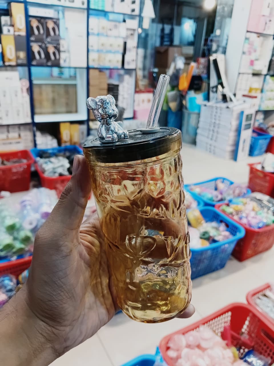 Glass Coffee Cup with Straw & Pearl Handle (Random Colors)